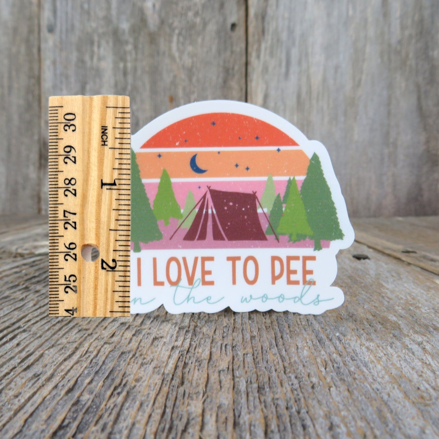 I Love To Pee In The Woods Sticker Full Color Retro Sunset Outdoors Camping Mountains