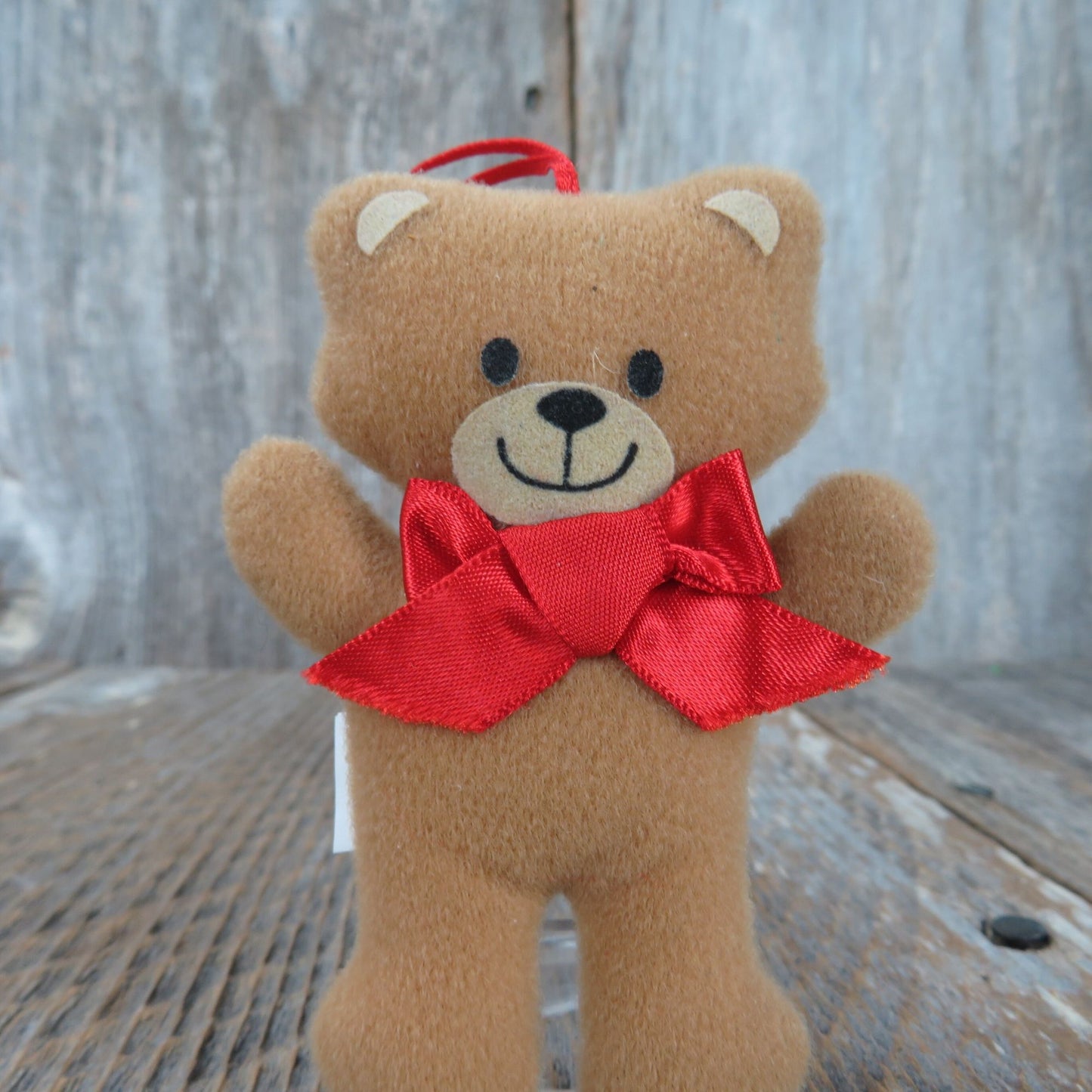 Bear Plush Ornament Christmas Red Bow Standing Felt Face