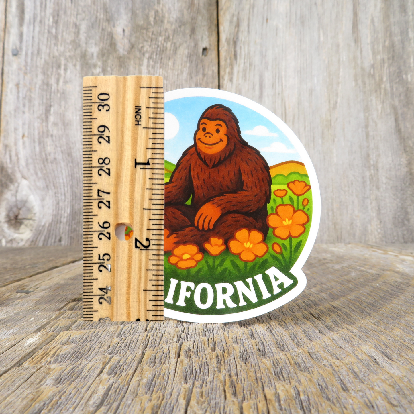 Bigfoot Sitting in Poppies California Sticker Cute Vintage Looking Travel Souvenir Sticker