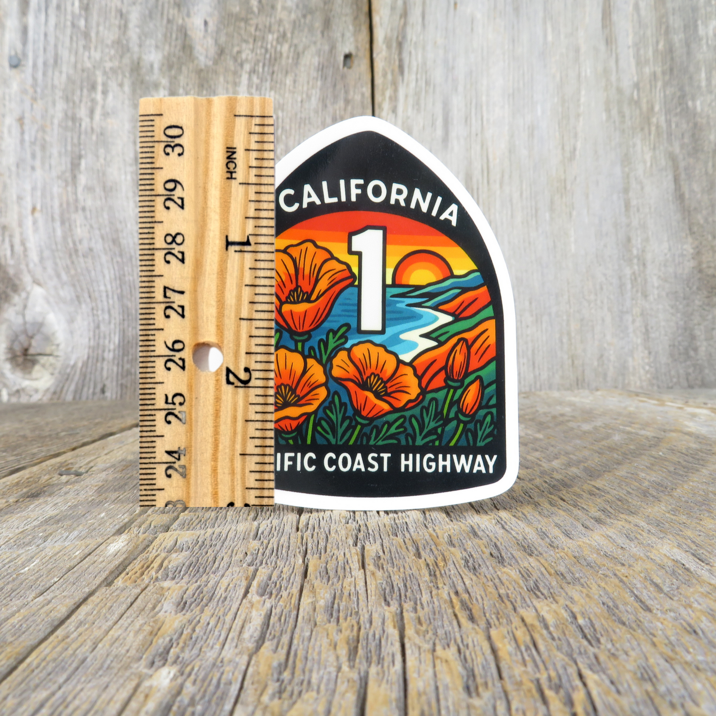 California Highway 1 Sign Sticker Pacific Coast HWY Poppies Retro Sunset Souvenir Travel
