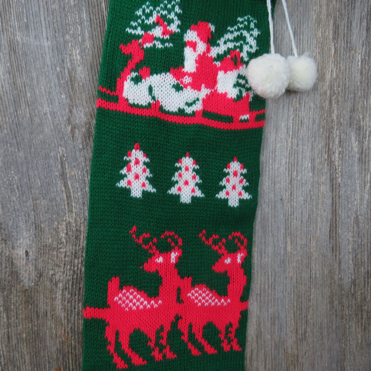 Reindeer And Sleigh Knit Stocking Santa Christmas Knitted White Red Green 1980s