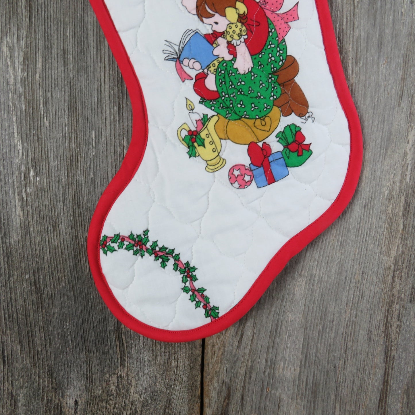 Vintage Precious Moments Girl Christmas Stocking Doll Reading Quilted Handmade Fabric Red Green Cloth