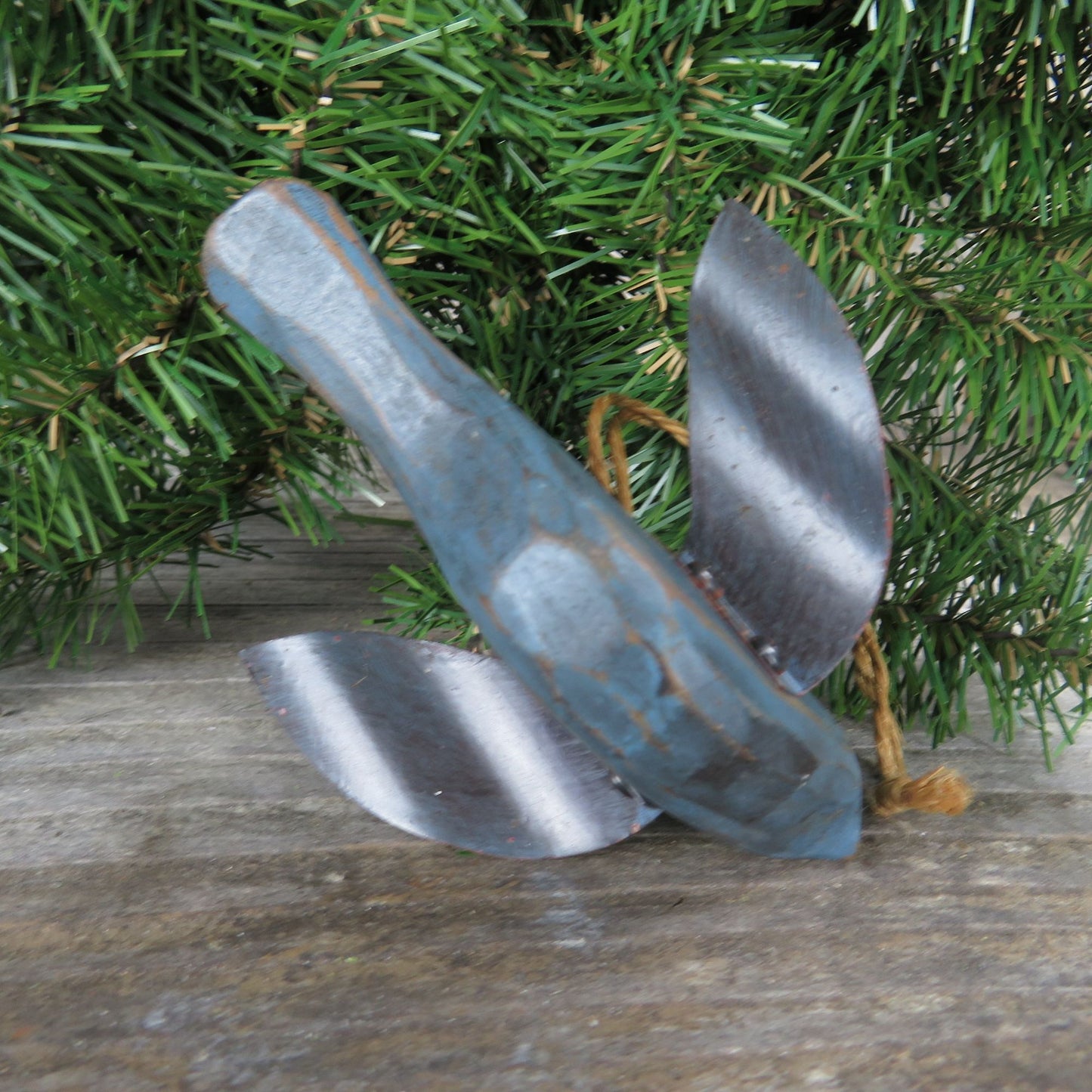 Blue Wooden Bird Ornament Primitive Rustic Style Metal Wings Flying Christmas