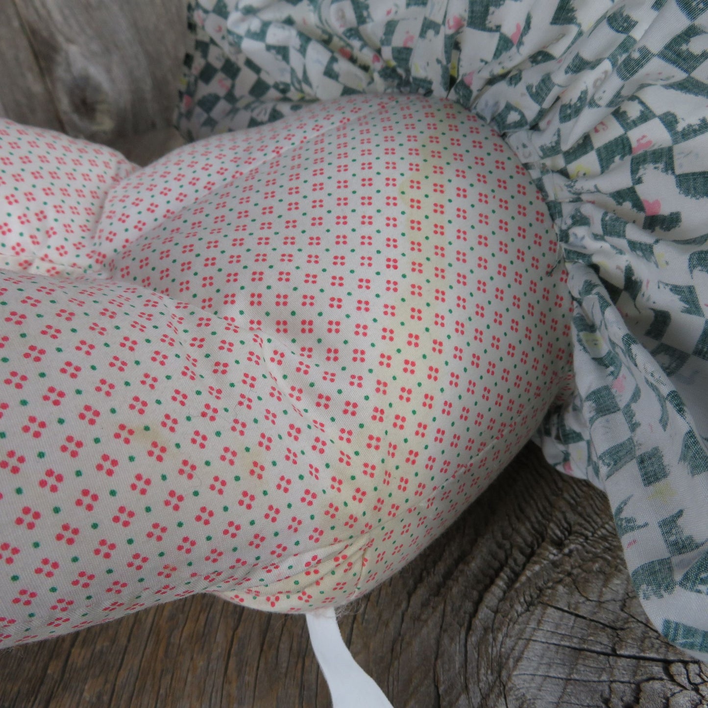 Vintage Soft Body Doll Plush Rubber Face Blonde DanDee Braids Bonnet Green Print Dress