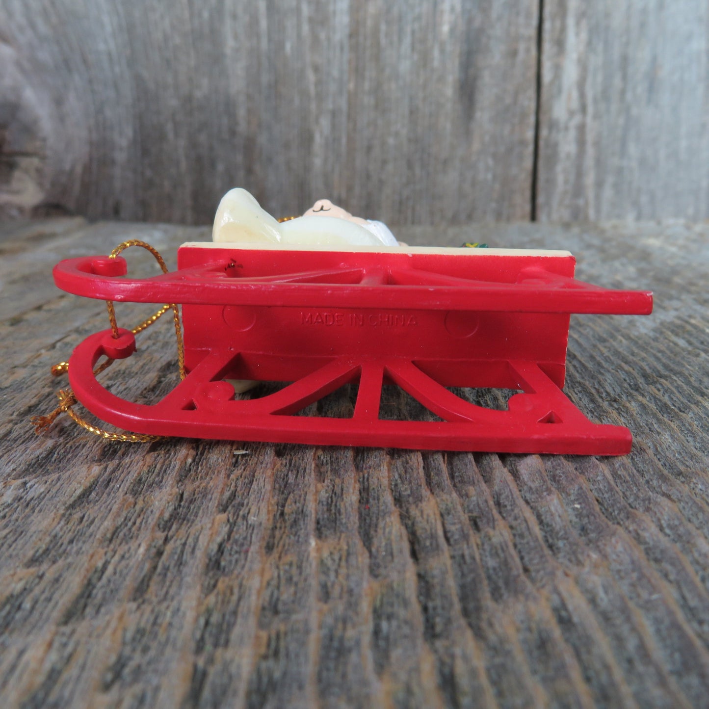 Vintage Bear on Sled with Christmas Tree Ornament Red Snowsuit Mouse Plastic Village Figurine