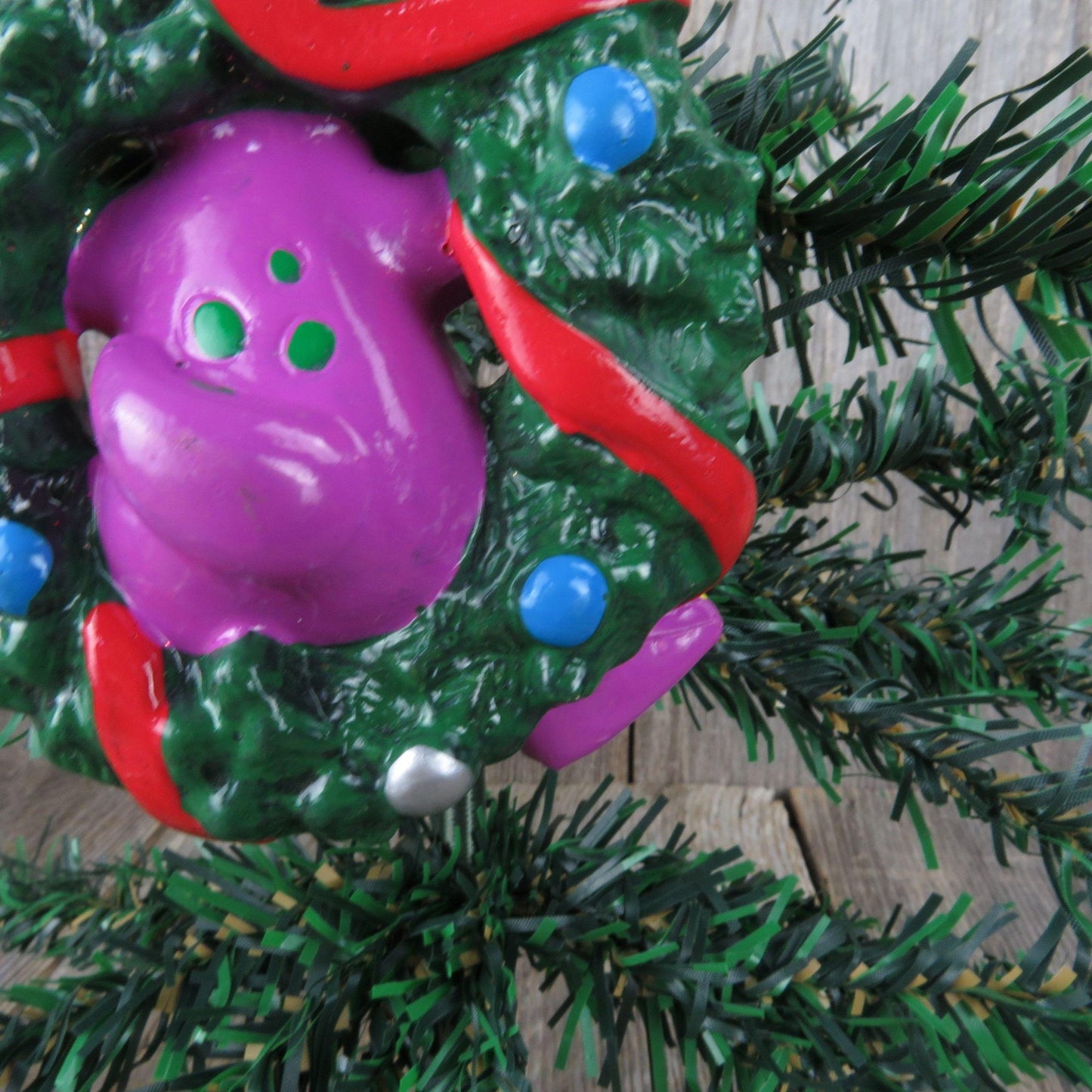 Vintage Barney Dinosaur Ornament Purple Christmas Wreath Cartoon Character Red Green