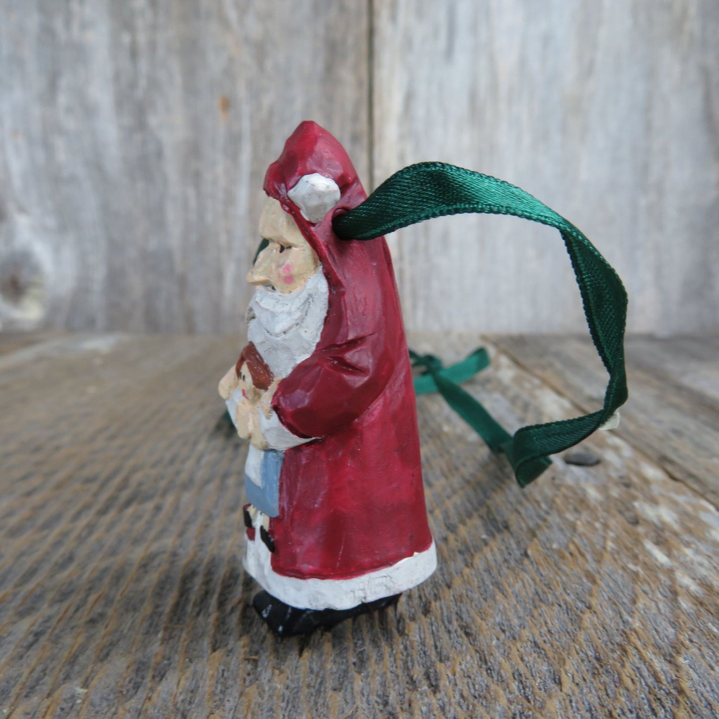 Vintage Santa with Doll Ornament Necklace Wood Look Ransom Christmas Ornament