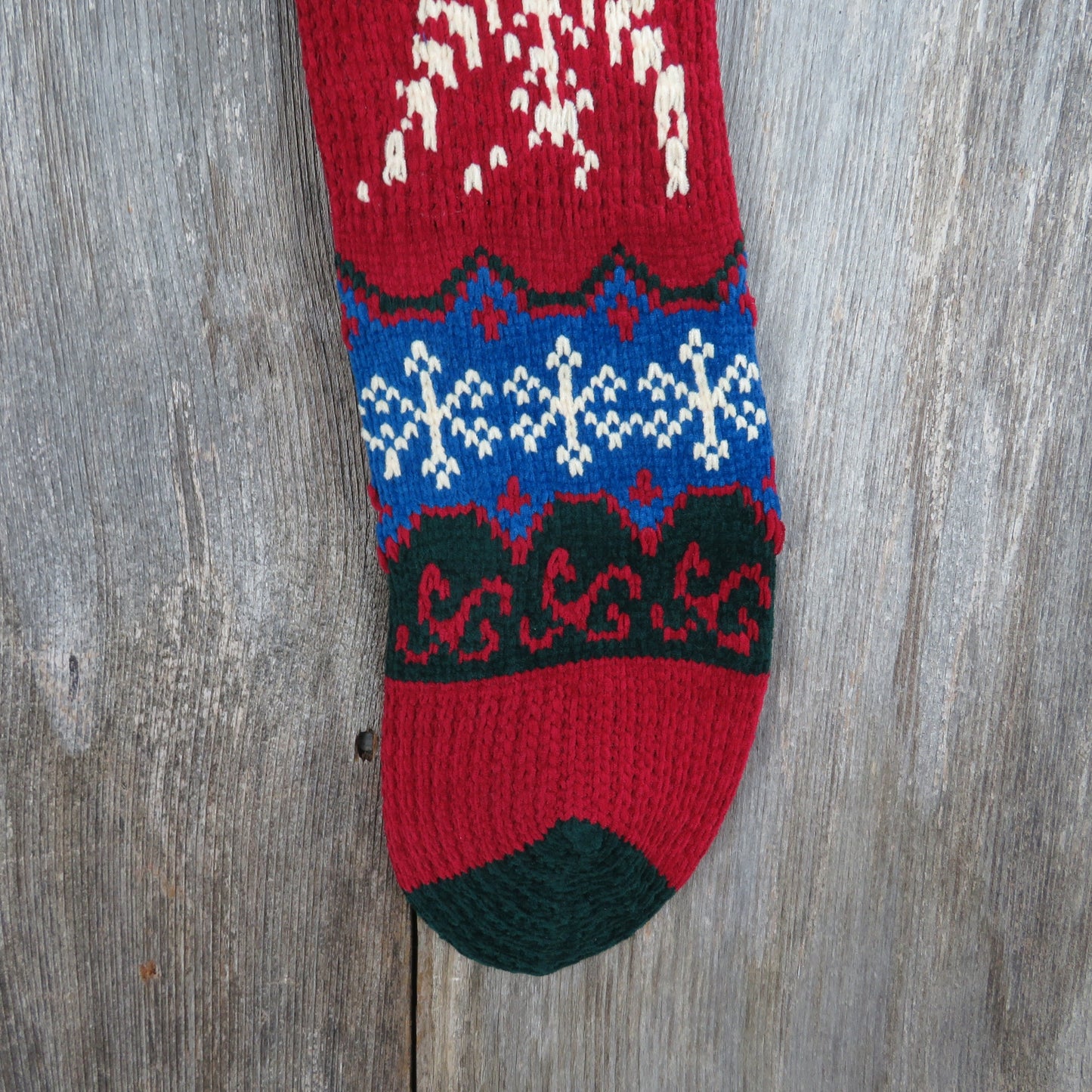 Vintage Snowflake Knit Stocking Christmas Chenille Cream Blue Green Red Pom Pom 90s