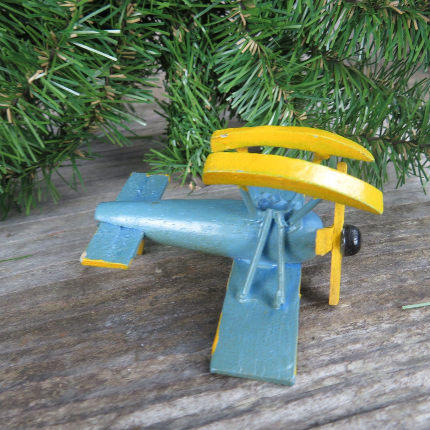 Vintage Blue and Yellow Airplane Ornament Wooden Seaplane Biplane Christmas Ornament