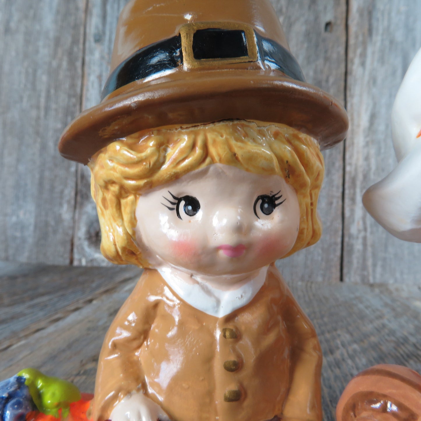 Vintage Pilgrim Boy and Girl Figurine Ceramic Blonde Thanksgiving Pumpkin Squirrel Dinner Fall Autumn Harvest