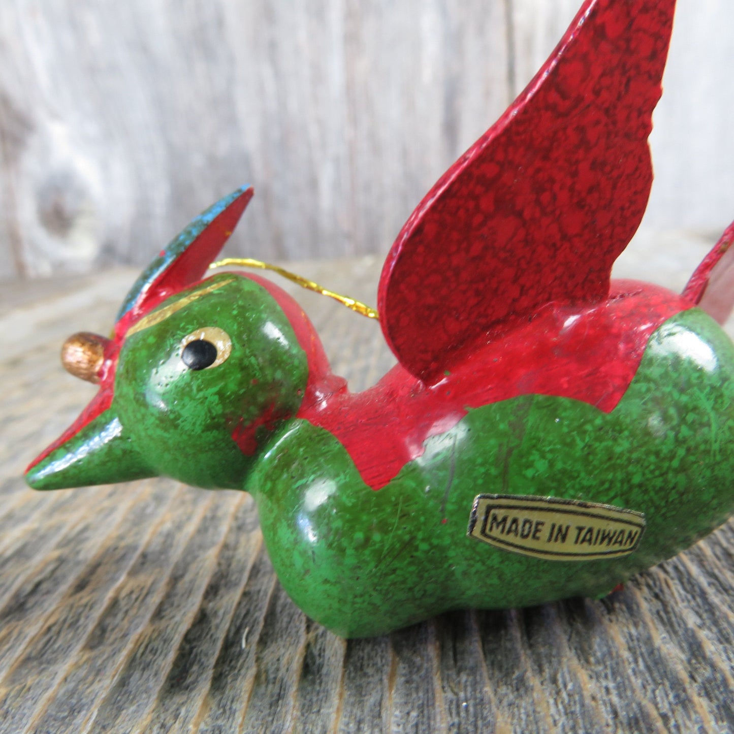 Vintage Wooden Bird Ornaments Red Green Flower Pattern Wood Christmas Made in Taiwan