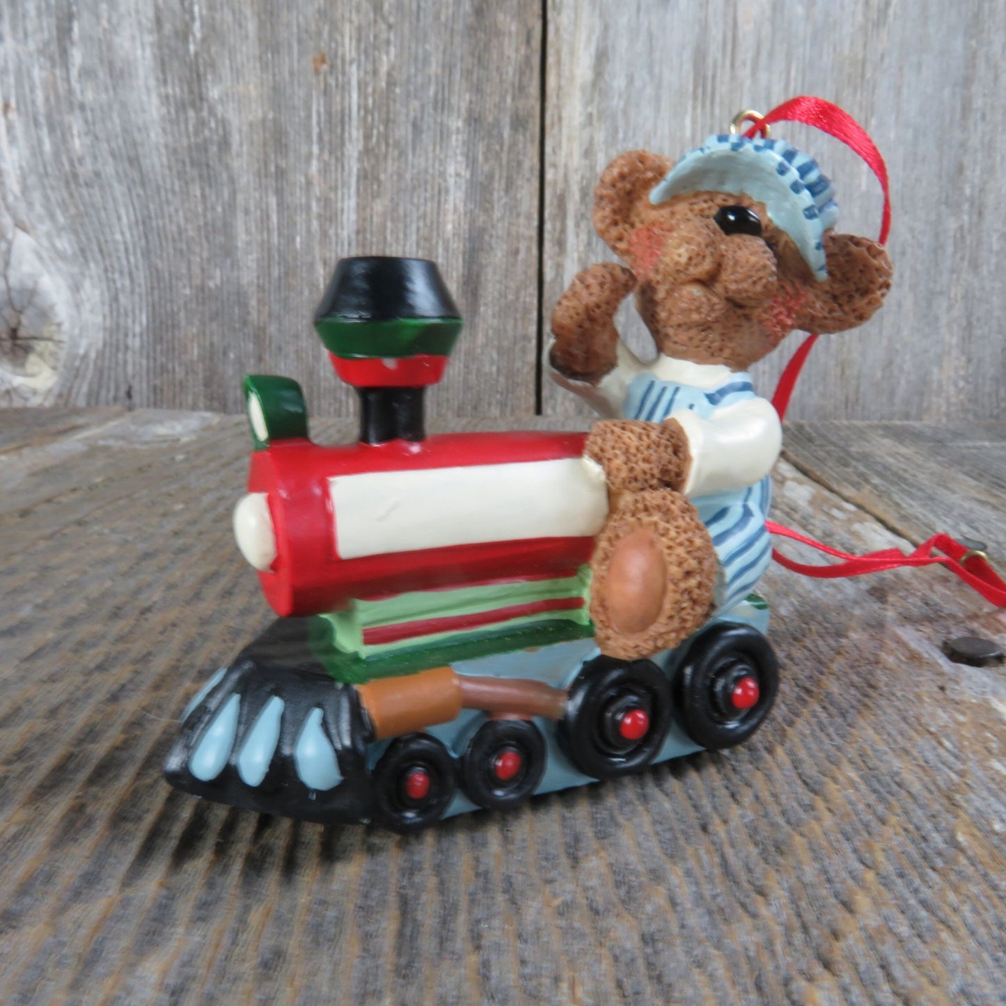 Vintage Bear Conductor Riding Train Ornament Kurt Adler Holly Bearies Resin Christmas 1991