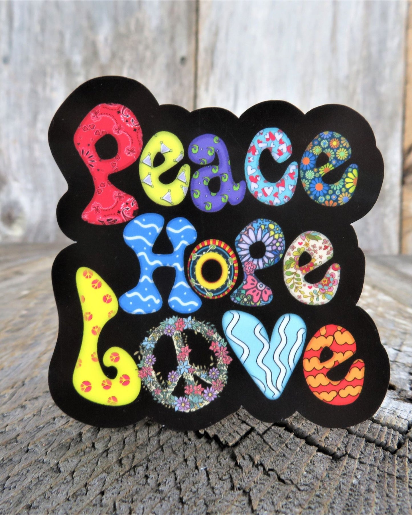 Peace Hope Love Sticker Positive Statement Bright Colored Retro Hippie Waterproof Car Water Bottle Laptop