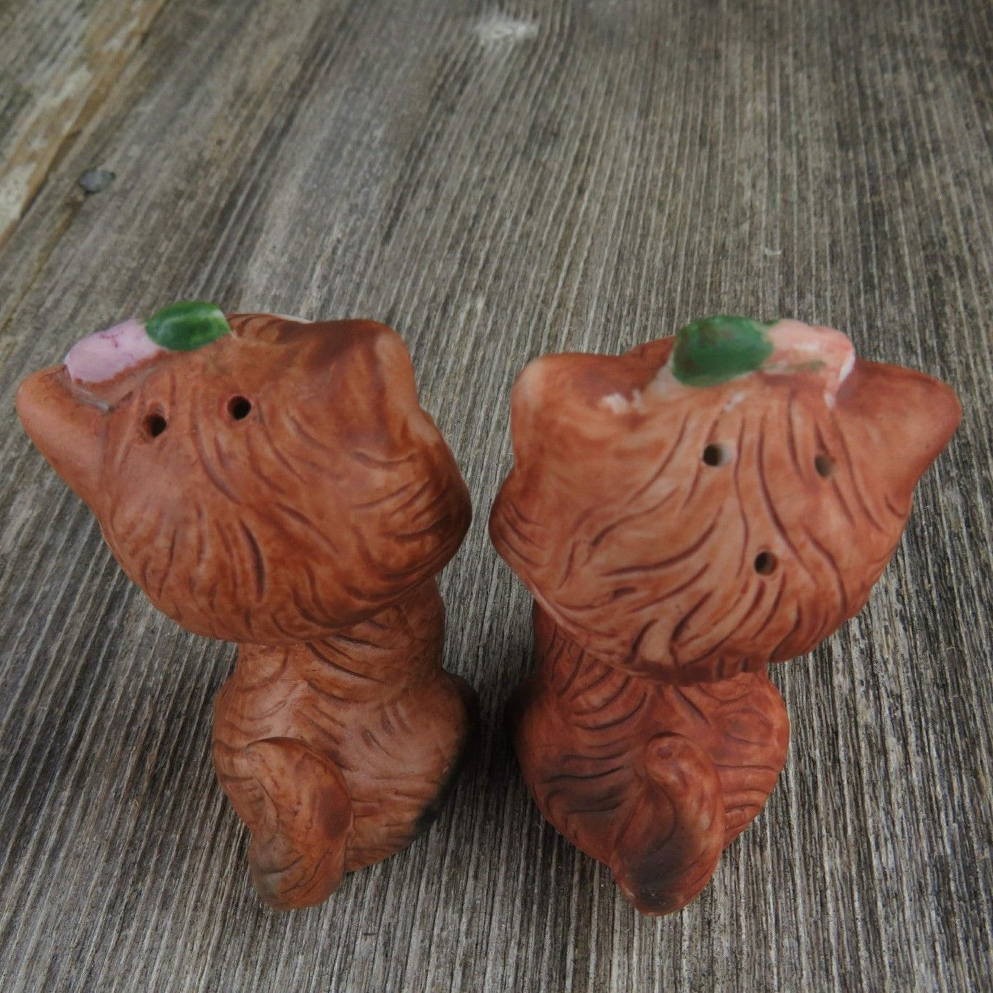 Vintage Kitten Cat Kitty Salt Pepper Shakers Bisque Ceramic Brown Flower Figurine - At Grandma's Table