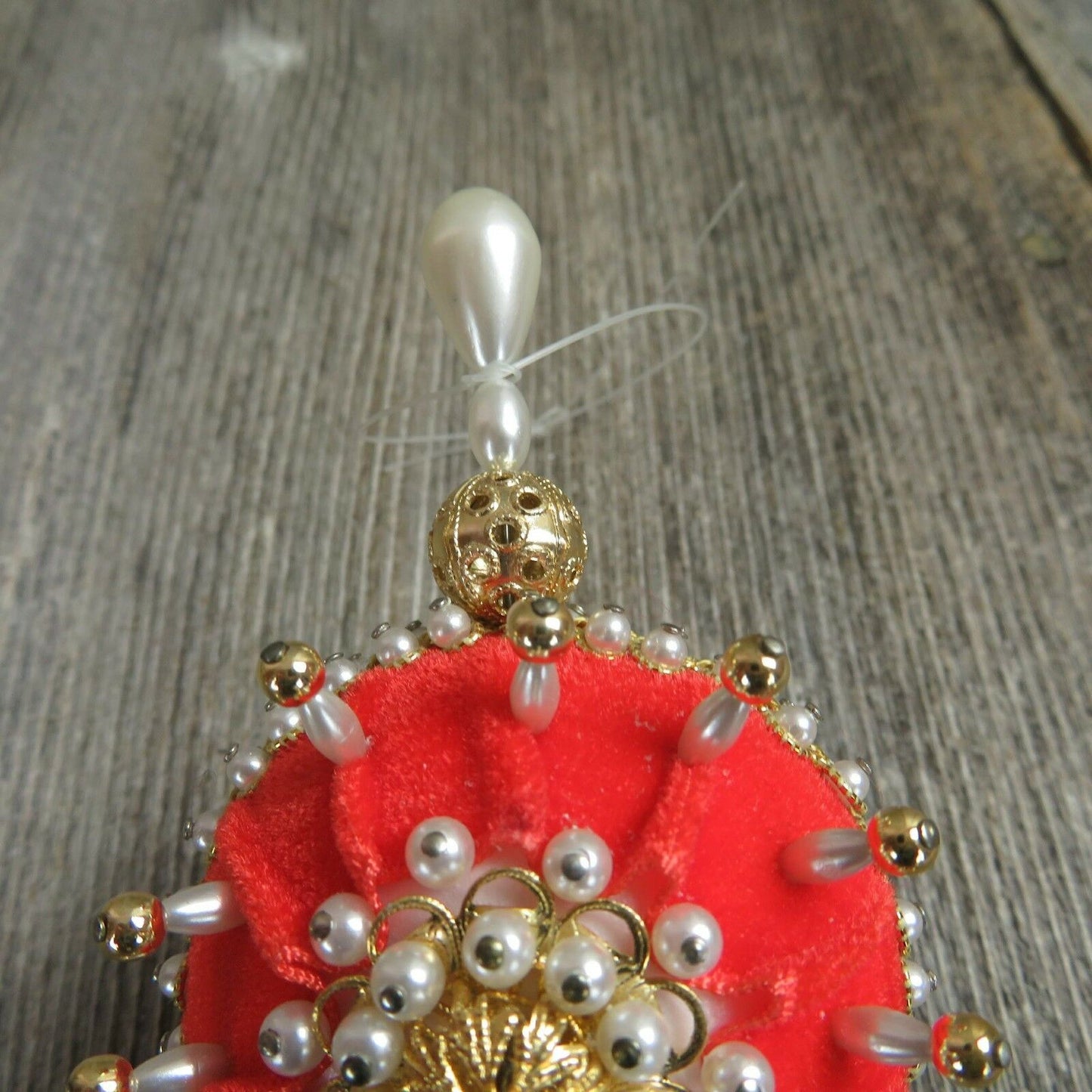 Beaded Velvet Ball Ornament Vintage Handmade Christmas Gold Filigree Victorian - At Grandma's Table