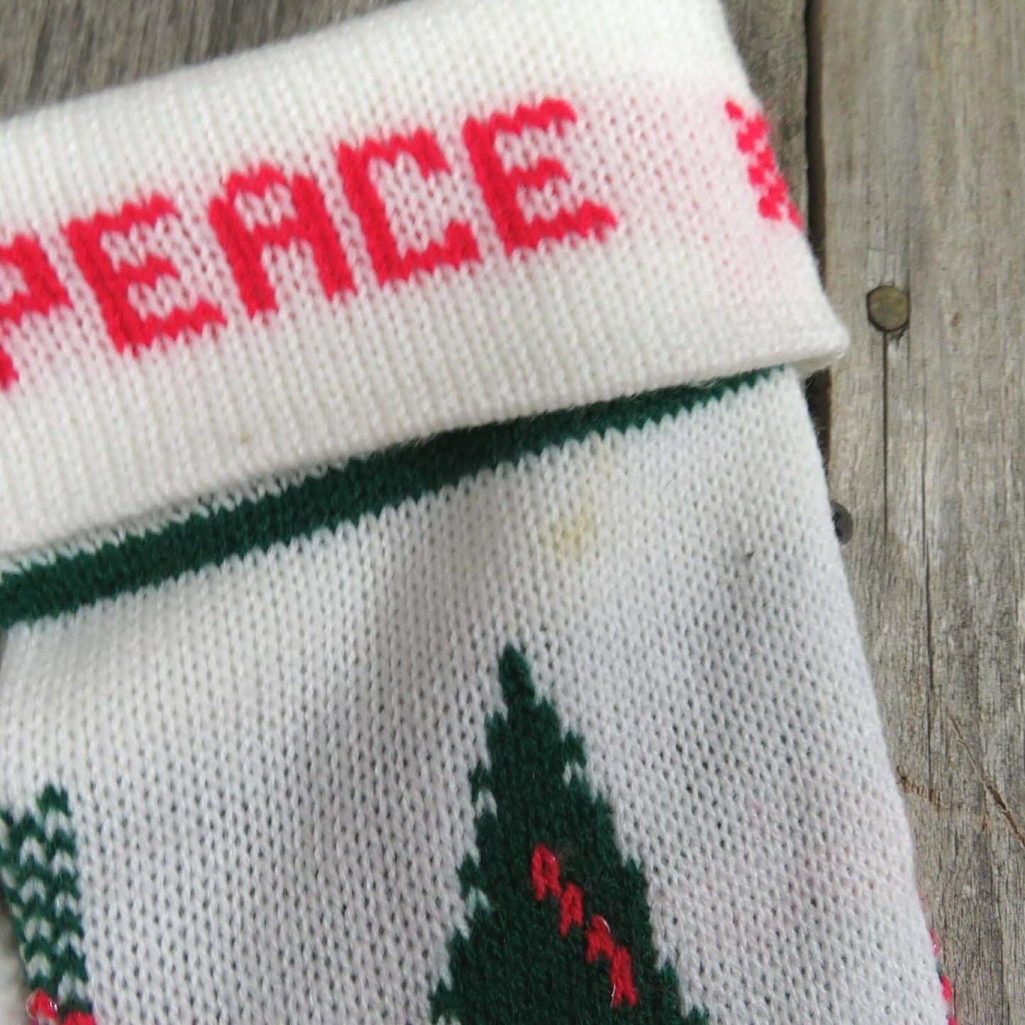 Vintage Christmas Tree Stocking Knitted Knit Peace White Red Green ST58 - At Grandma's Table