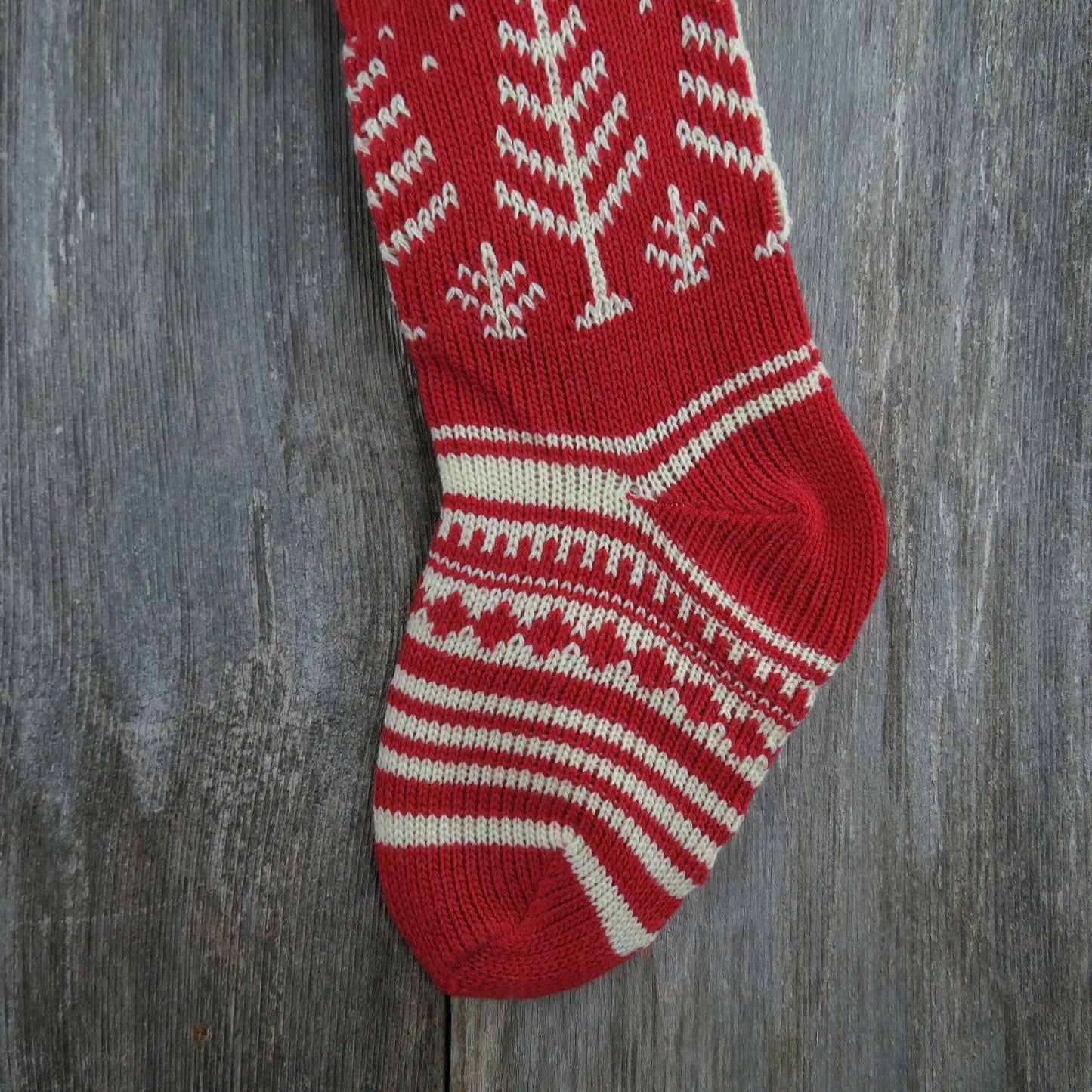 Vintage Christmas Stocking Knitted Knit Trees Large Red with White Pom Poms - At Grandma's Table