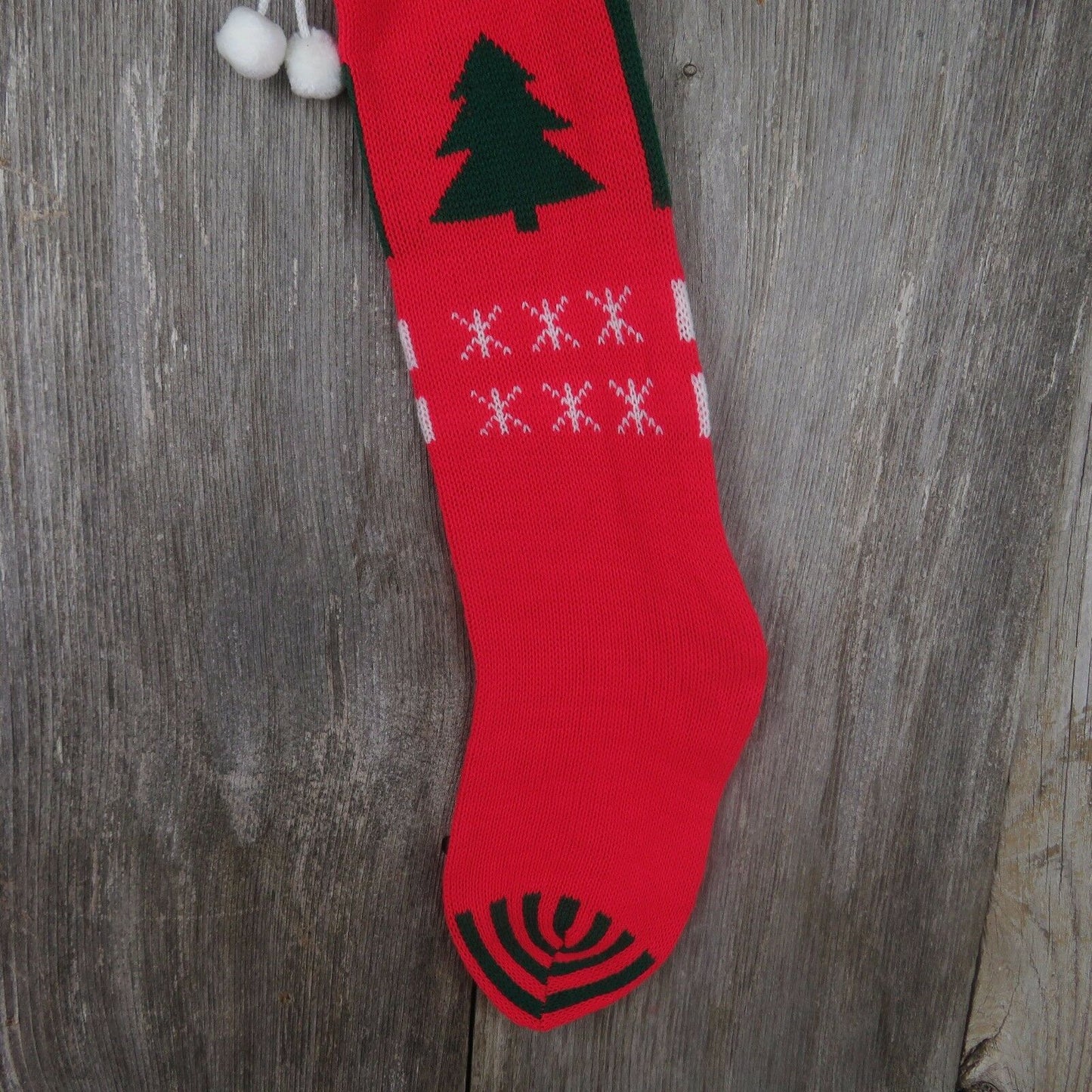 Vintage Christmas Tree Stocking Knitted Knit Green Red Long Snowflakes ST1 - At Grandma's Table