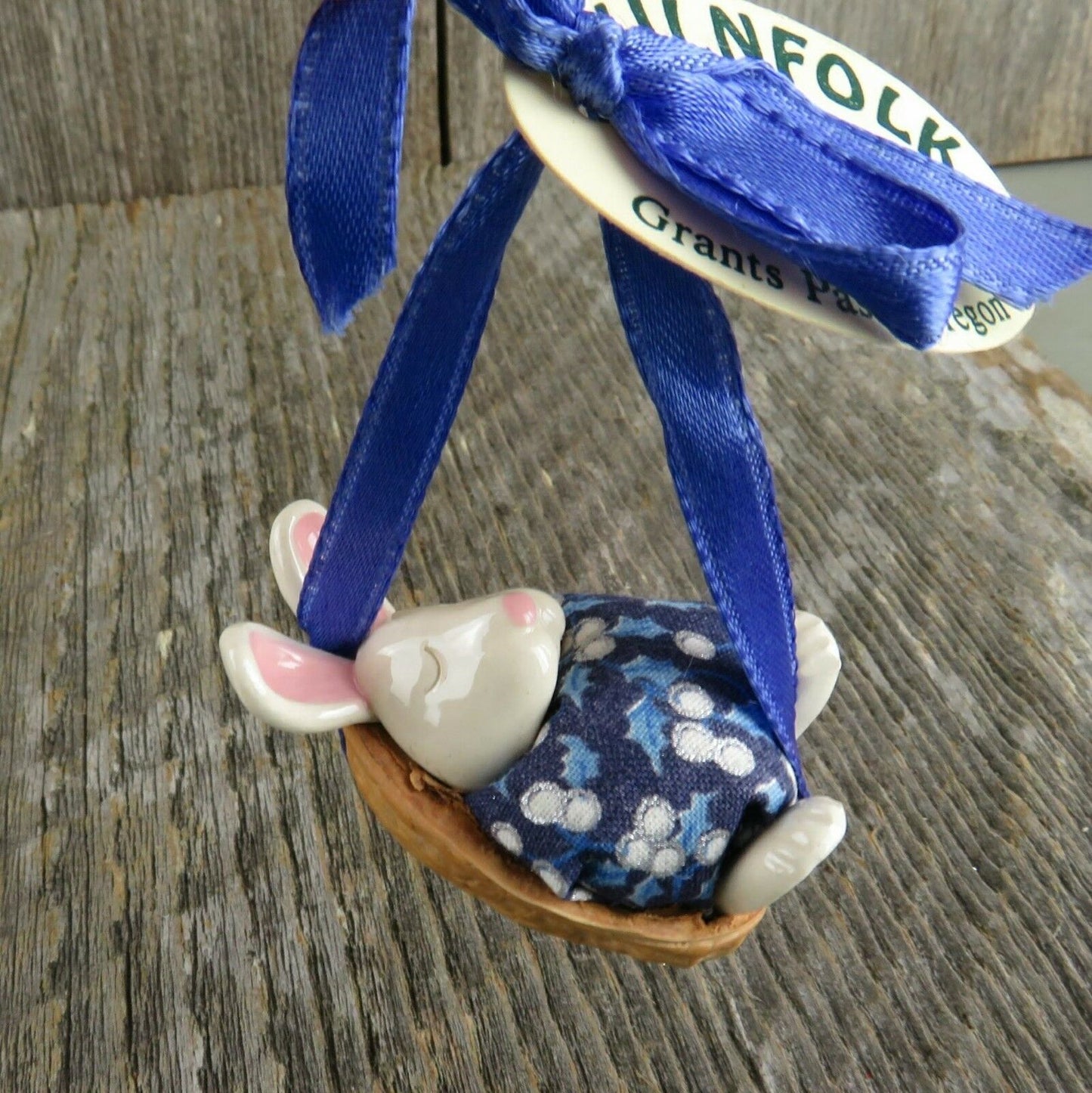 Vintage Bunny Rabbit Baby Christmas Ornament Walnut Bed Kilnfolk Ceramic Oregon - At Grandma's Table
