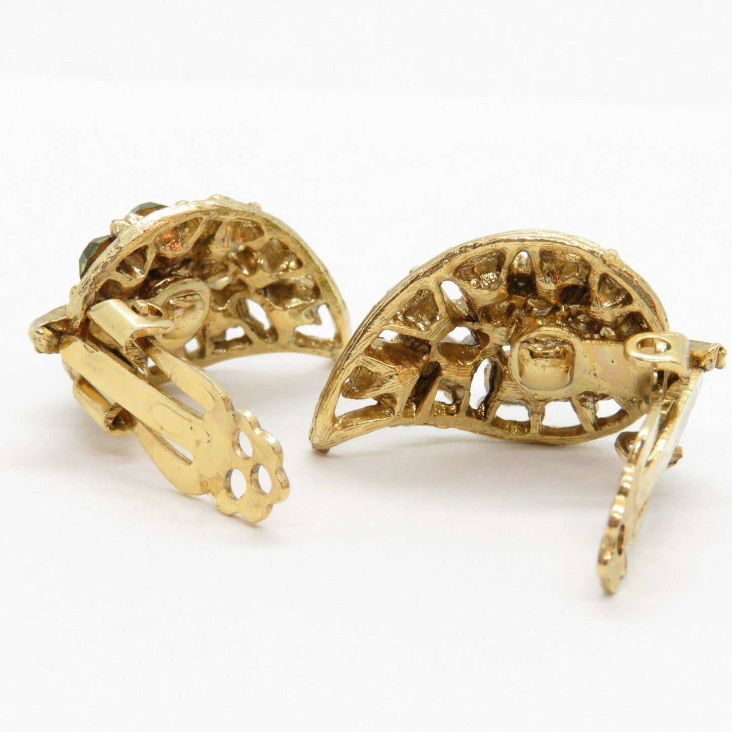 Vintage Rhinestone Clip Earrings Green Leaf Leave Gold Tone Fall Spring Costume Jewelry - At Grandma's Table