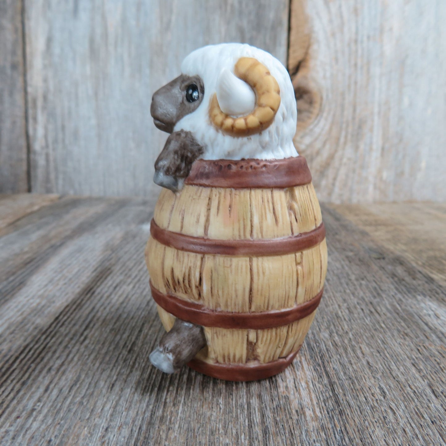 Vintage Sheep in a Barrel Figurine Ram with Horns Wooden Wine Keg Ceramic