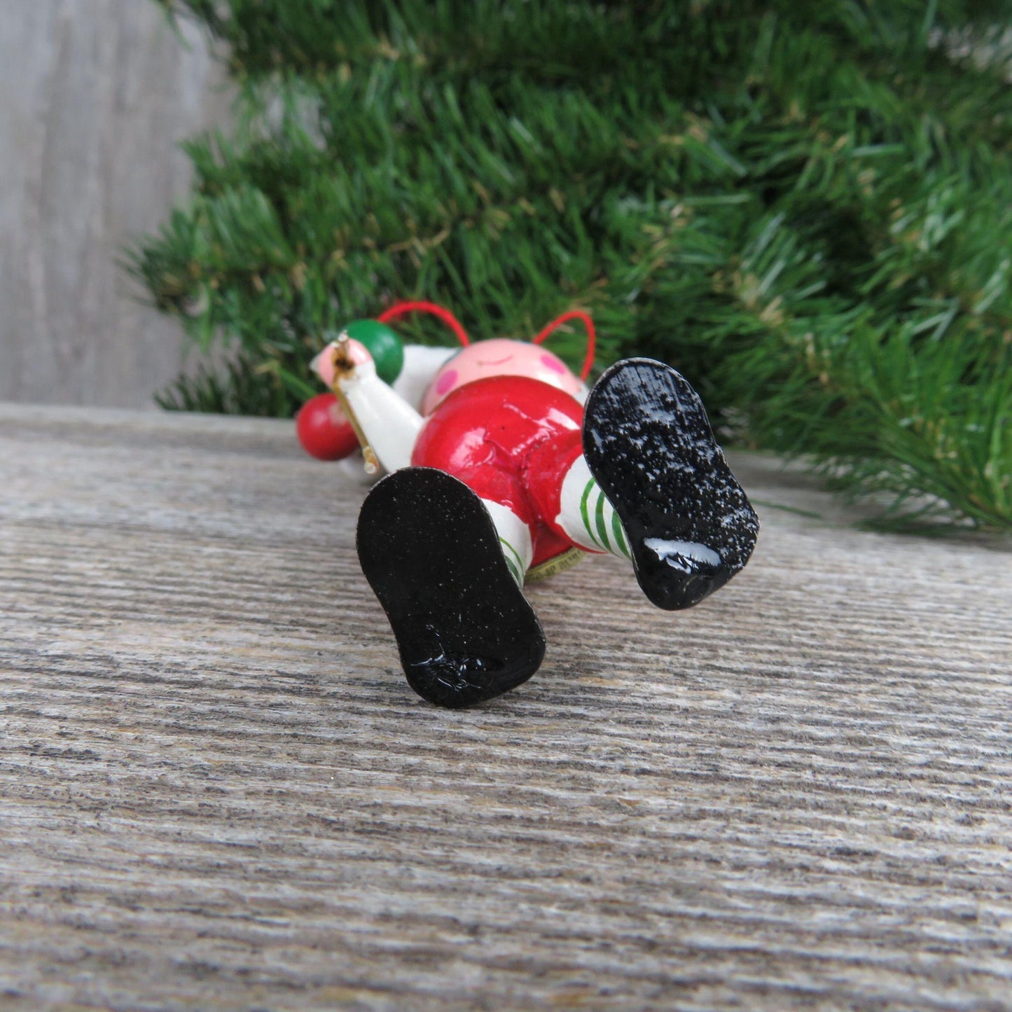 Vintage Boy with Balloon Wood Ornament Felt Hat Christmas Wooden