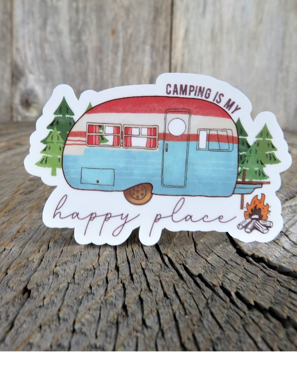 Camping is My Happy Place Sticker Full Color Travel Trailer Waterproof Outdoors Adventure Water Bottle Sticker