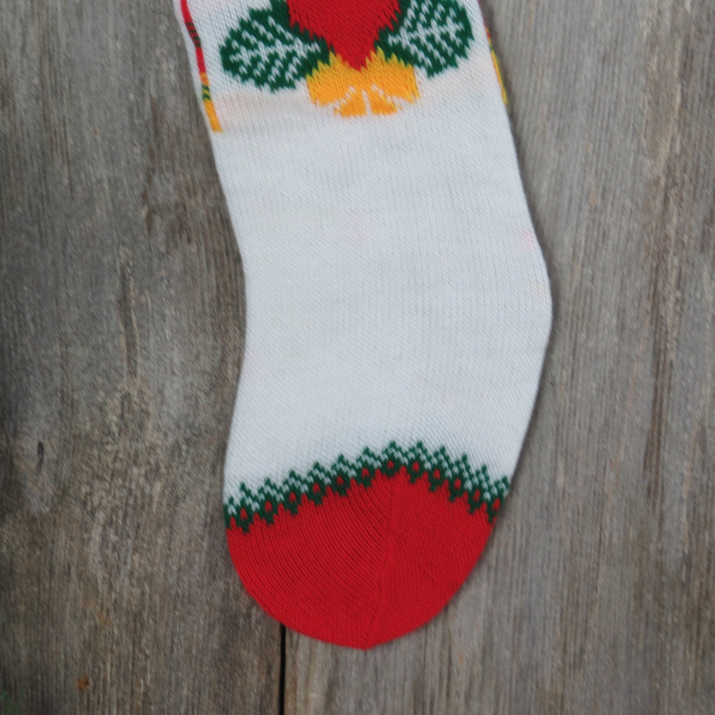 Vintage Knit Train Stocking Heart Leaves White Green Red Christmas Pom Pom Knitted 1980s