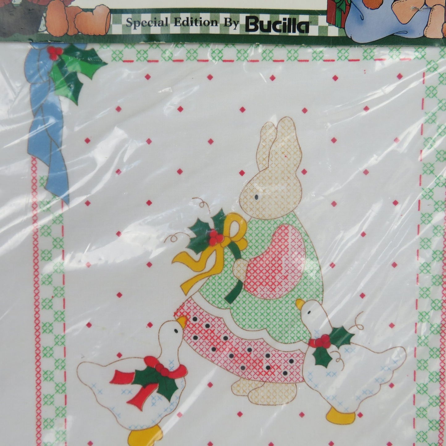Daisy Kingdom Stamped Cross Stitch Fabric Girl Bunny with Ducks Noel 1992 Bucilla 63445