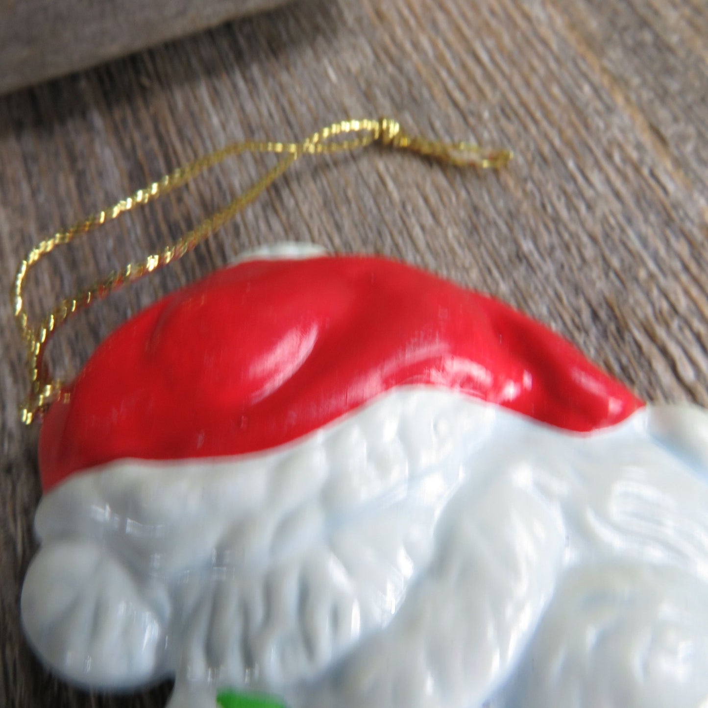 Vintage Baby Bear Ornament Green Peppermint Santa Hat Porcelain White Flat Ceramic Christmas