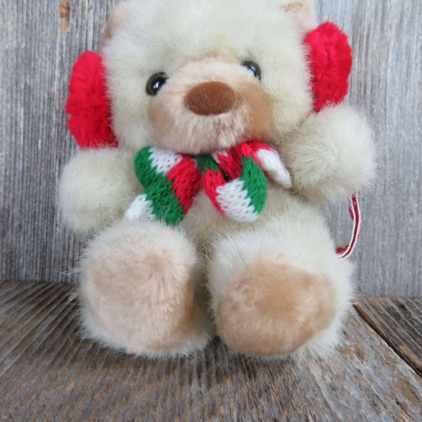 Vintage Teddy Bear Plush Red Earmuffs and Scarf Russ Tuff Teddy Christmas Mini Brown Nose Stuffed Animal