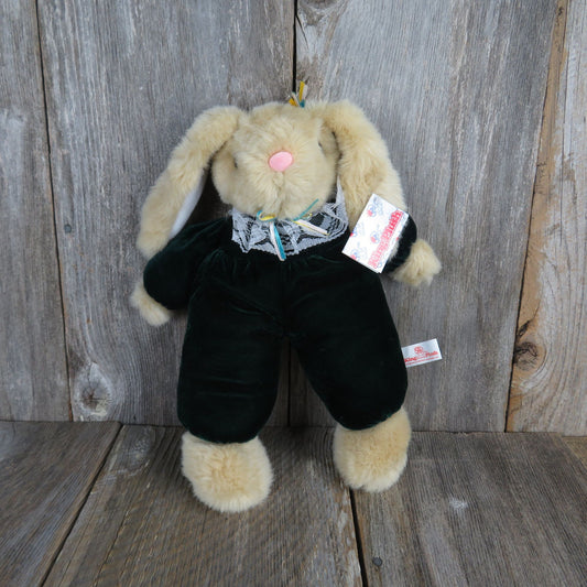 Vintage Tan Bunny Plush Fabric Body Rabbit Green Velour Lace Pink Flocked Nose Stuffed Animal King Plush 1998