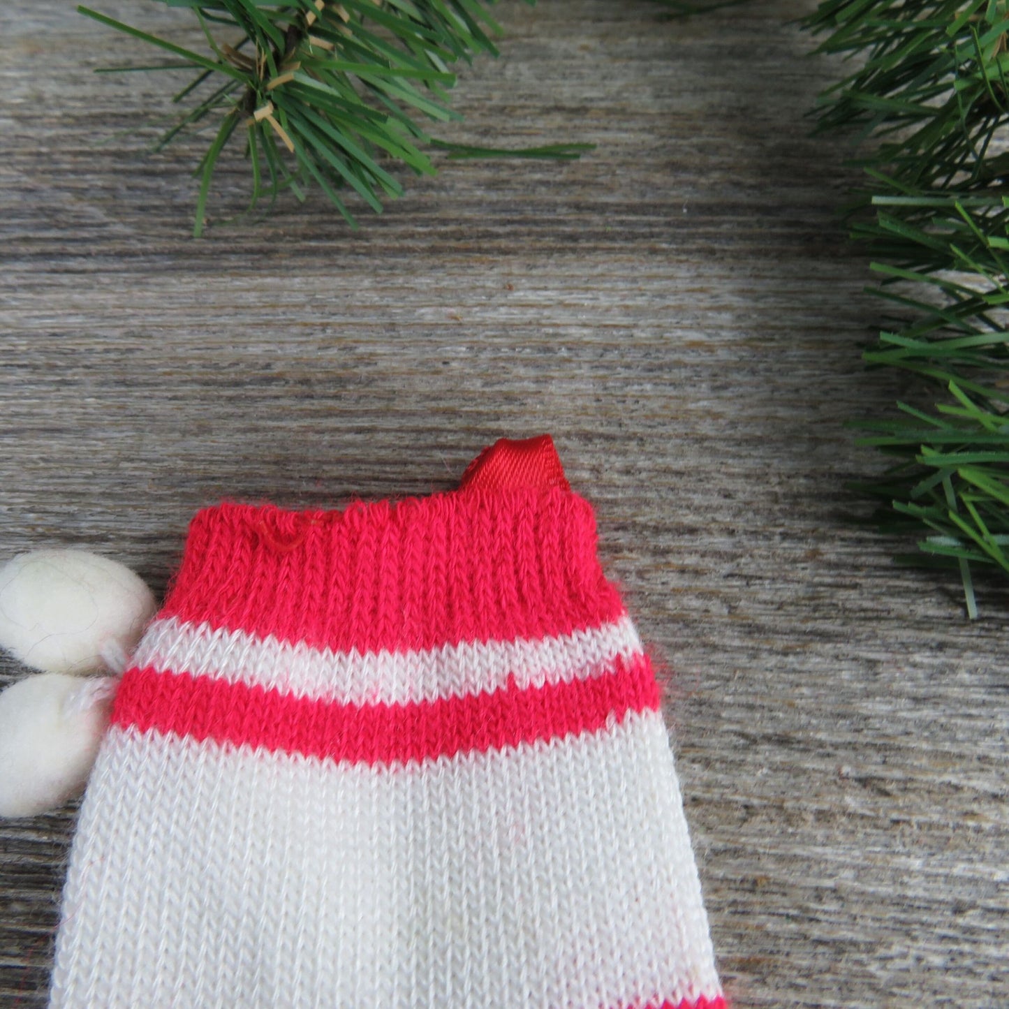 Vintage Knit Stocking Ornament Merry Christmas Striped Red White Green Pom Pom