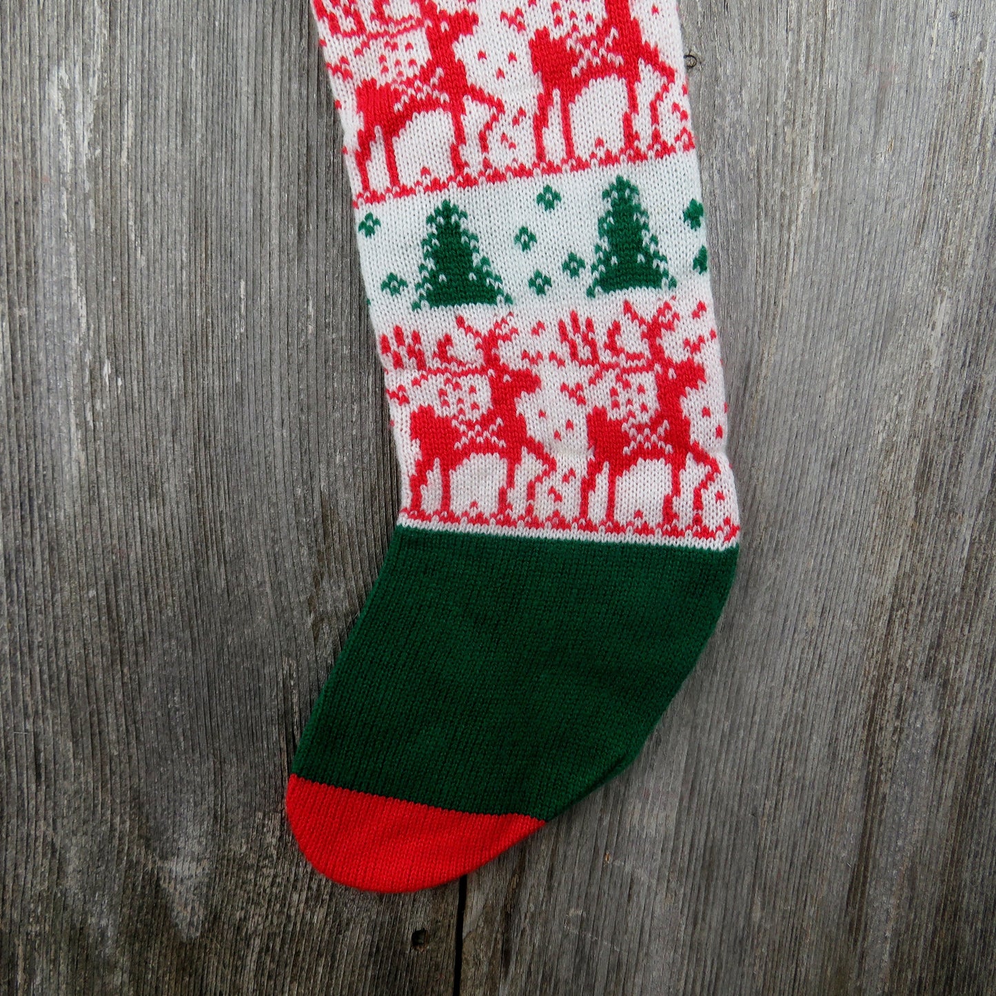 Vintage Reindeer Knit Christmas Stocking Knitted White Red Green 1980s st14