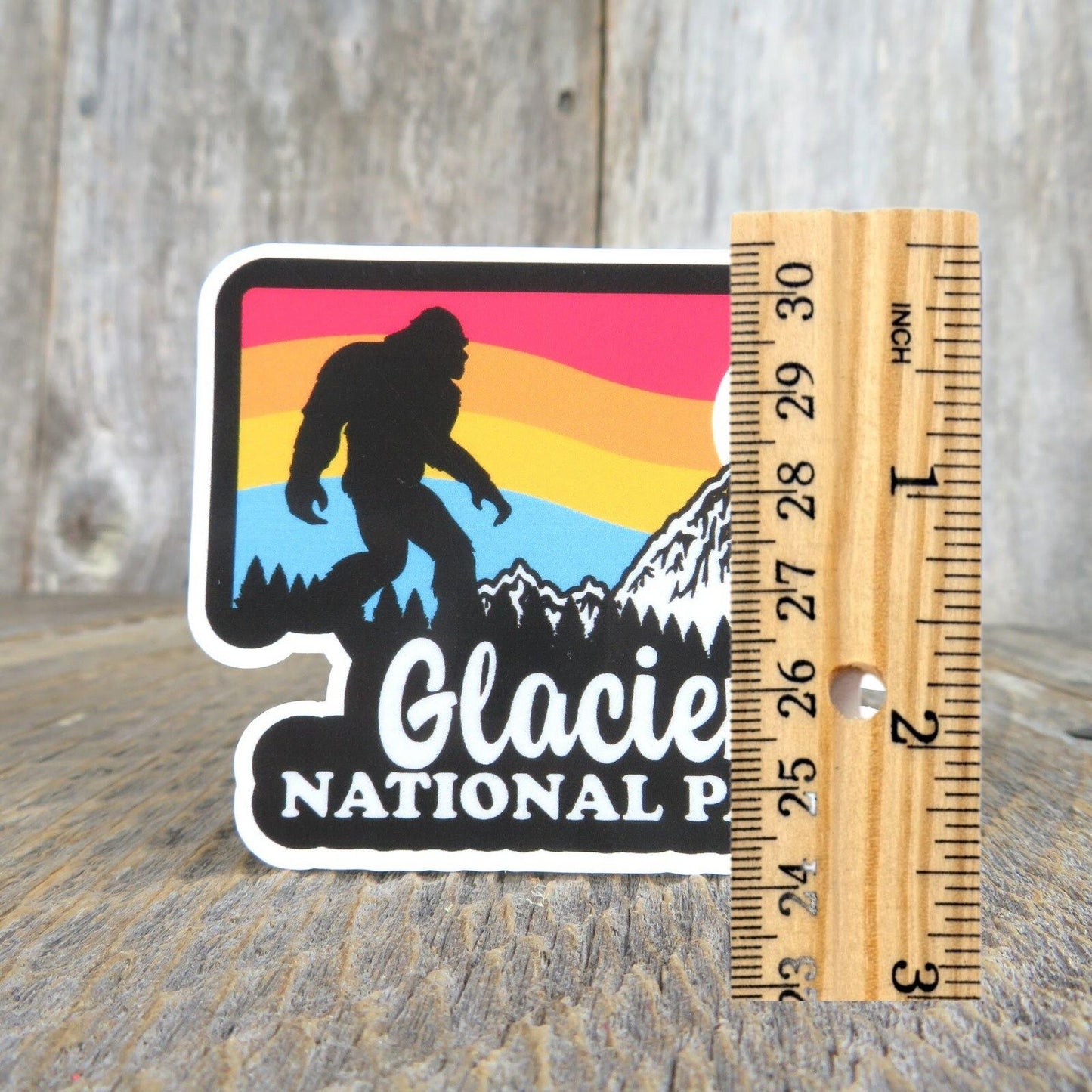 Glacier National Park Bigfoot Sticker Montana Retro Sunset Mountain Souvenir Waterproof