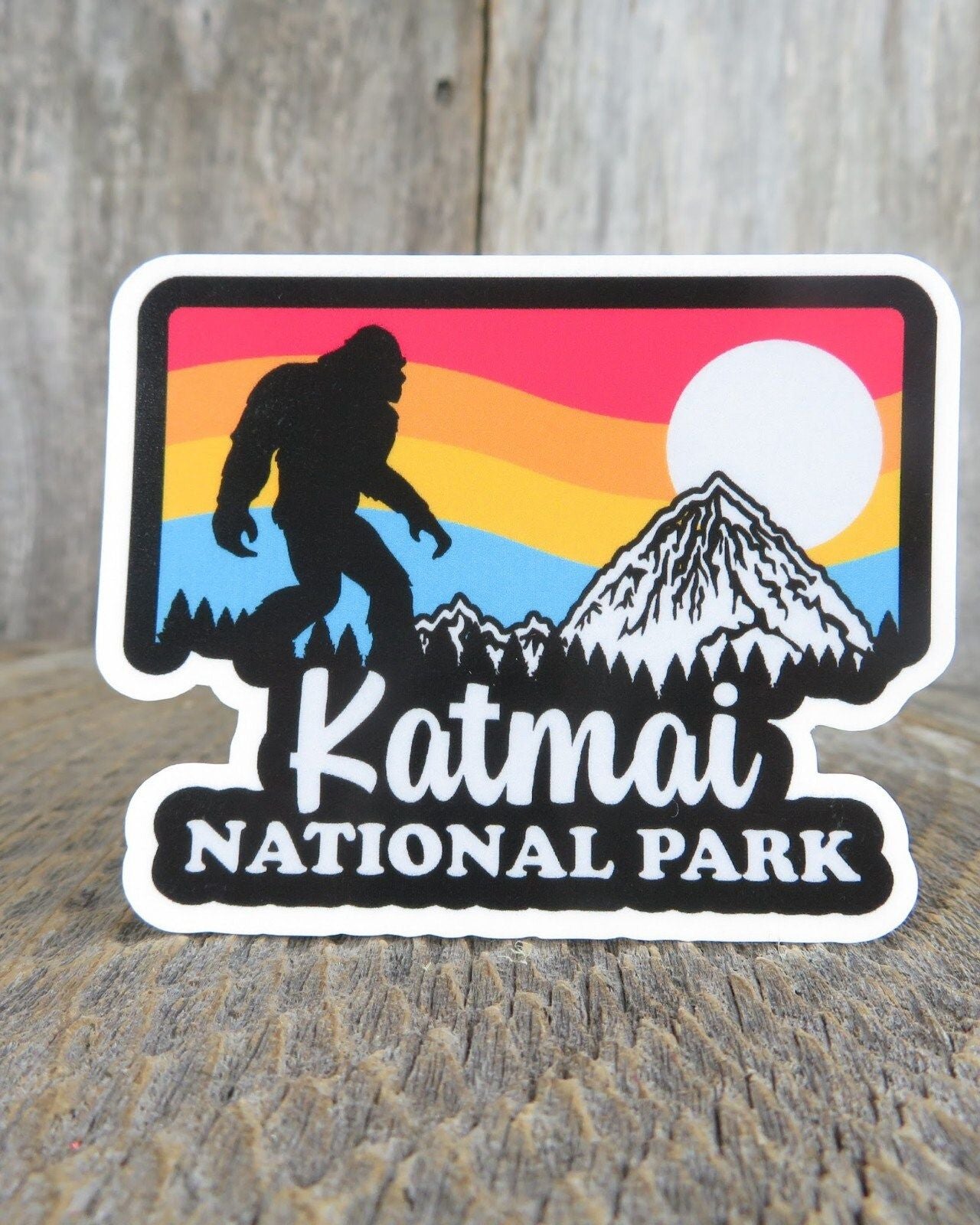 Katmai National Park Bigfoot Sticker Arkansas Retro Sunset Mountain Souvenir Waterproof