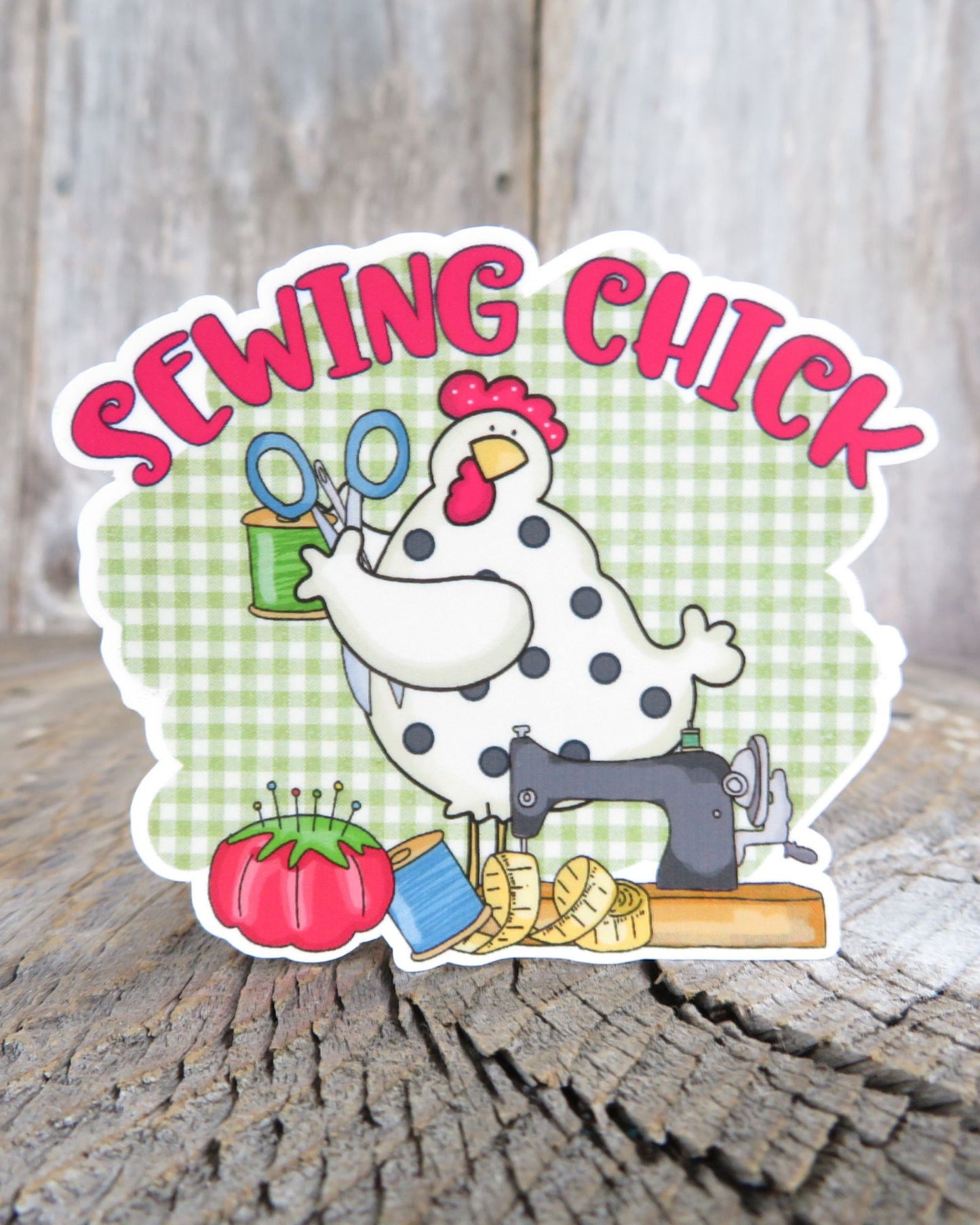 Sewing Chick Sticker Waterproof Chicken Lover Country Style Gingham Full Color Waterproof Quilt Lady Crafty