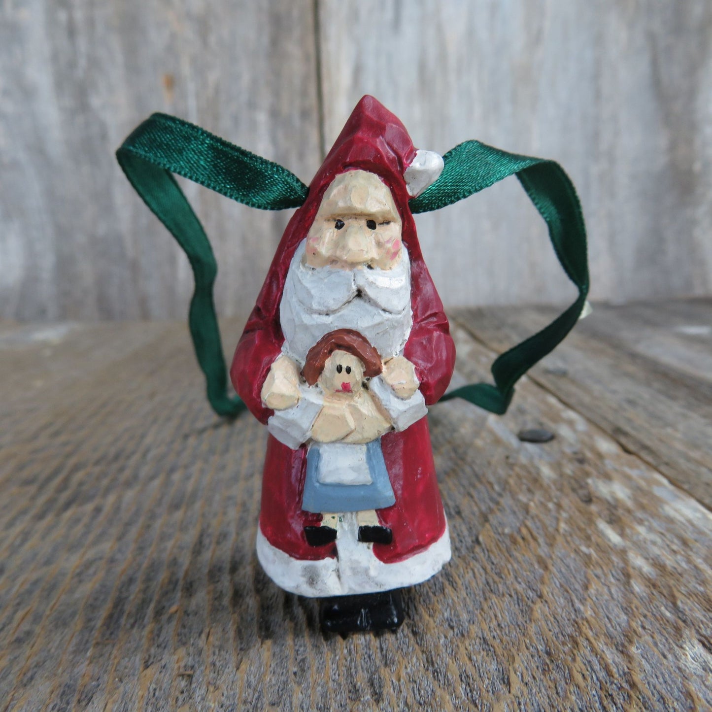Vintage Santa with Doll Ornament Necklace Wood Look Ransom Christmas Ornament