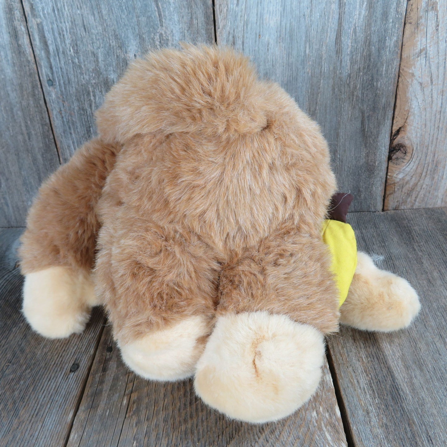 Vintage Monkey with Banana Bag Plush Brown Gorilla Ape Rattle Tail Sad Eyes Stuffed Animal