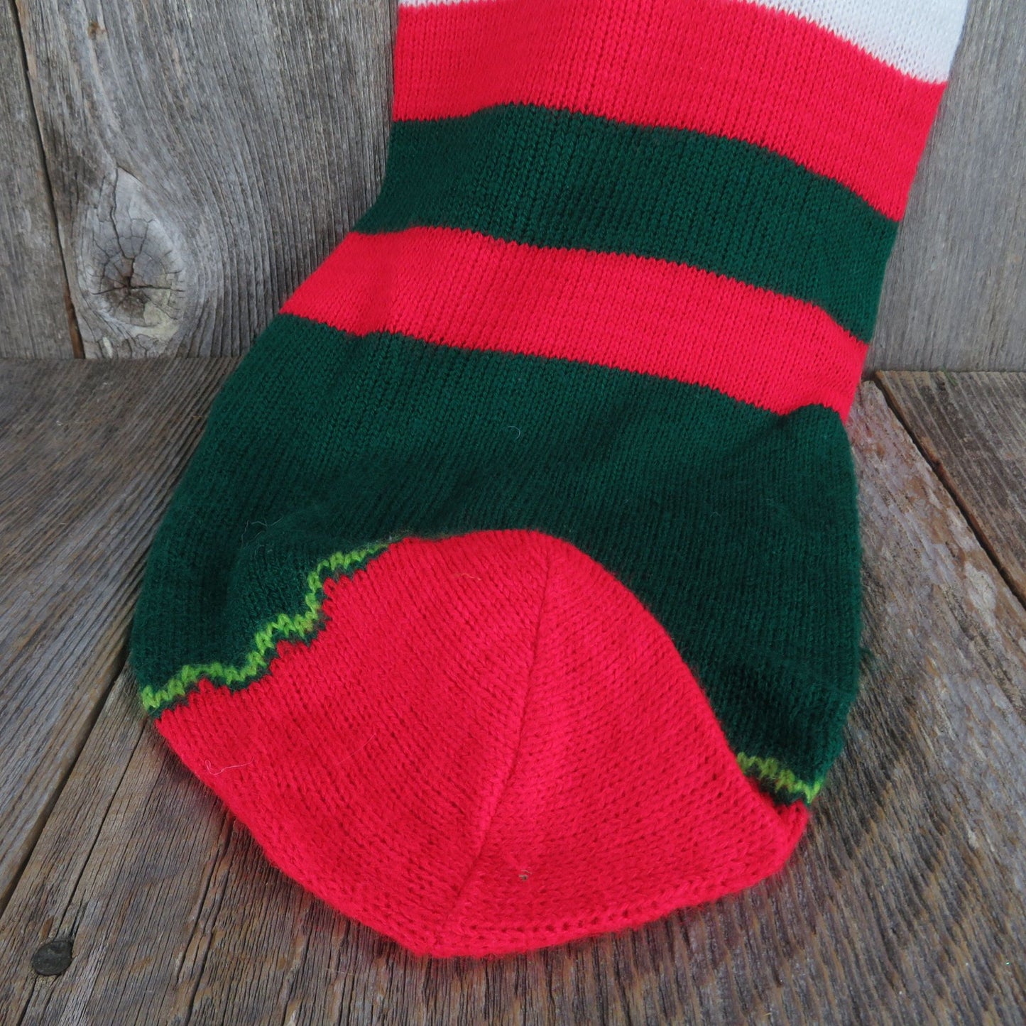 Vintage Wreath Striped Knit Stocking Extra Large Knitted White Green Red Christmas