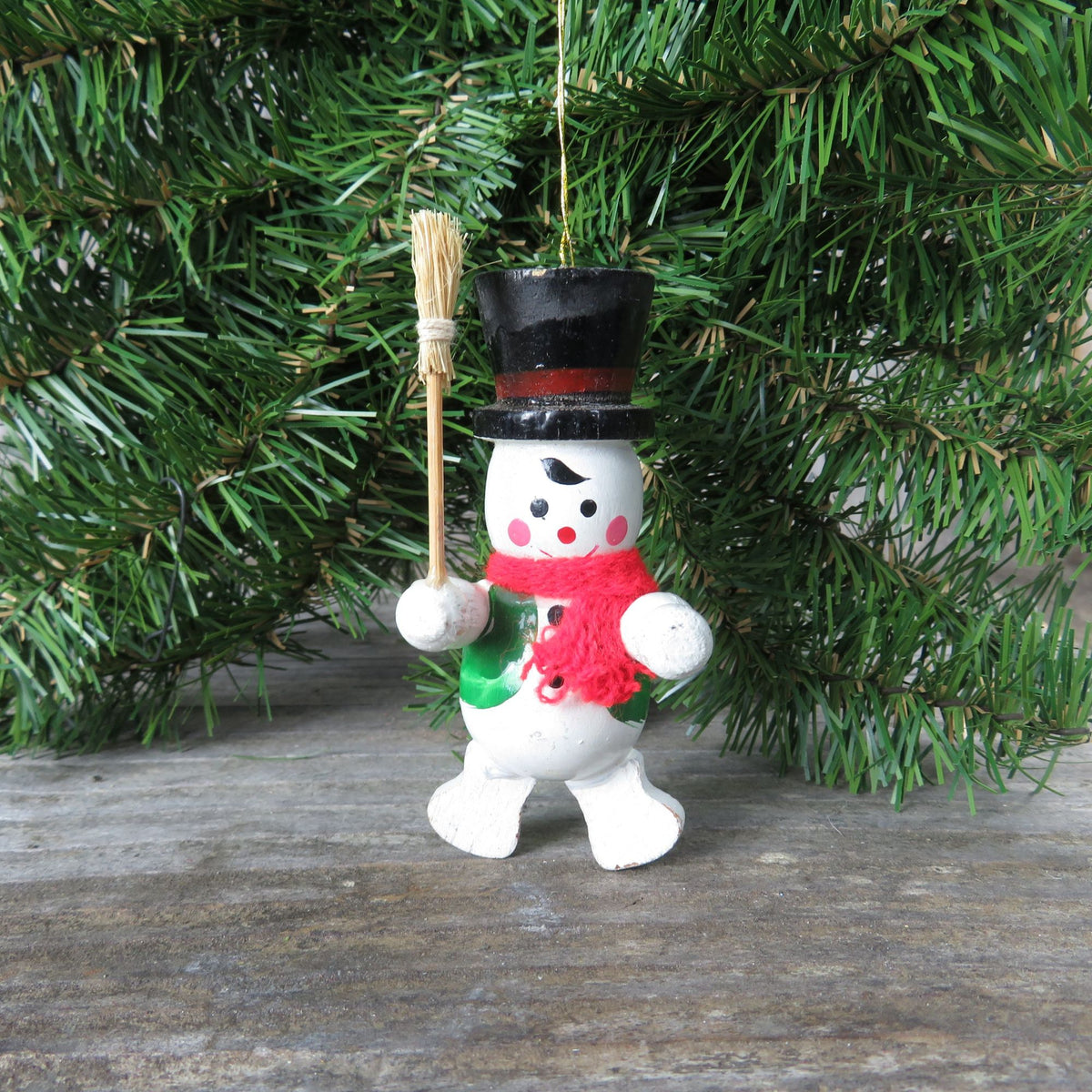 Vintage Snowman with Green Vest Wood Ornament Broom Top Hat