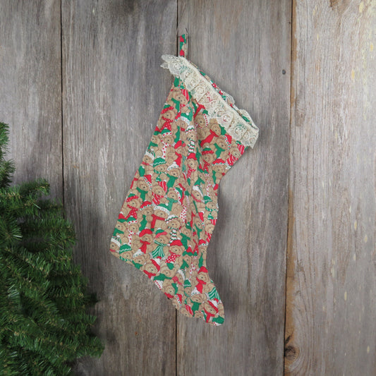 Vintage Teddy Bear Fabric Stocking Christmas Handmade Red Green Lace ST281