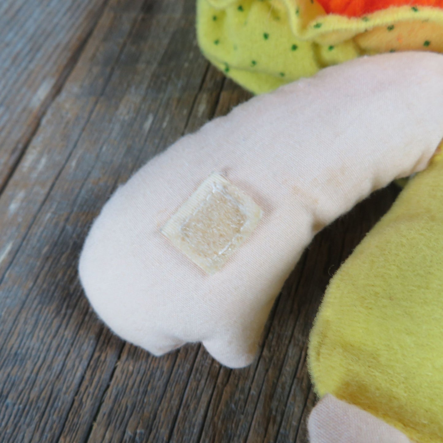 Apple Dumpling Soft Rag Doll by Kenner American Greetings Orange Yarn Hair Yellow Body Hat Green Striped Socks Plush 1981 - At Grandma's Table