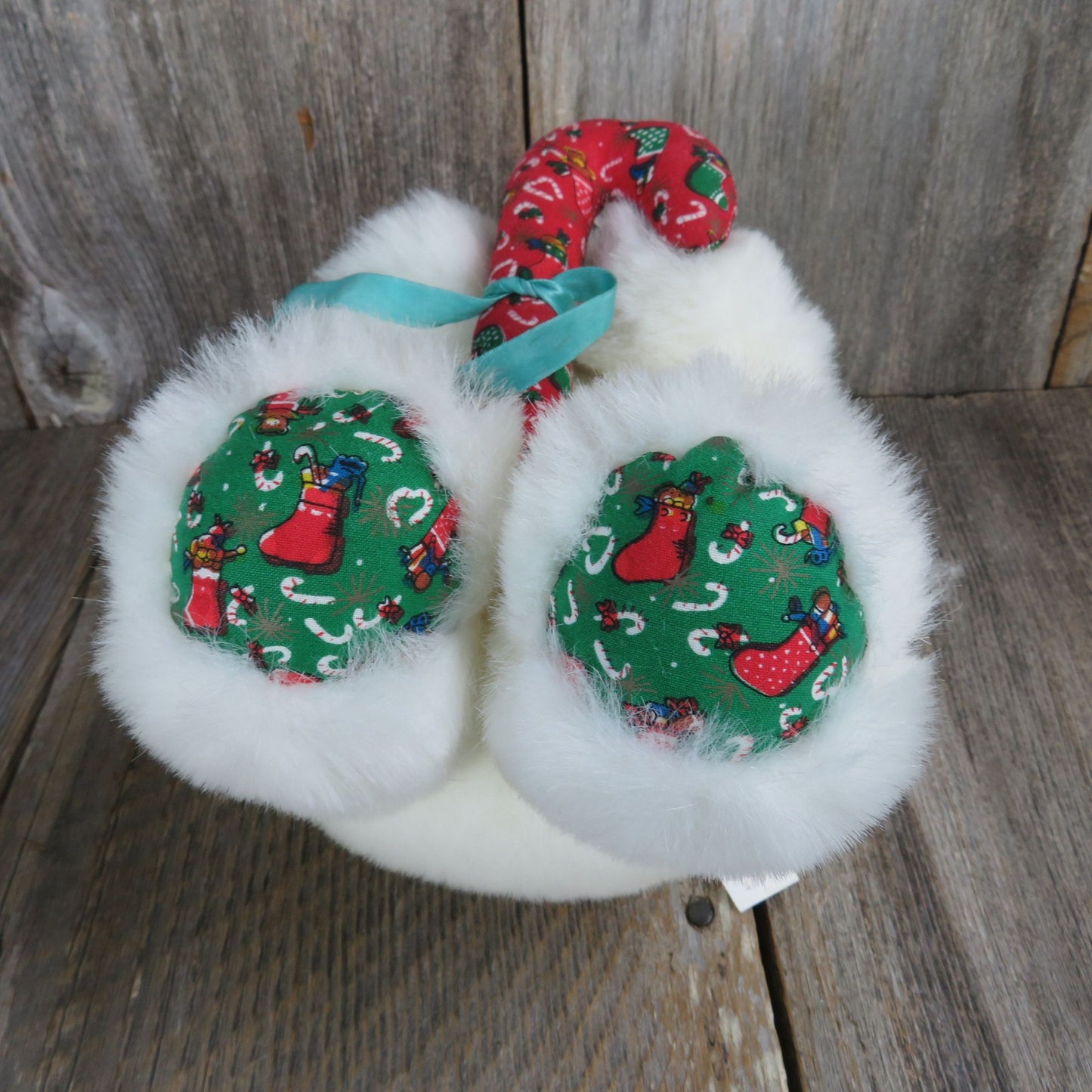 Vintage White Teddy Bear Plush Fiesta Holiday Candy Cane Fabric Ears Stuffed Animal
