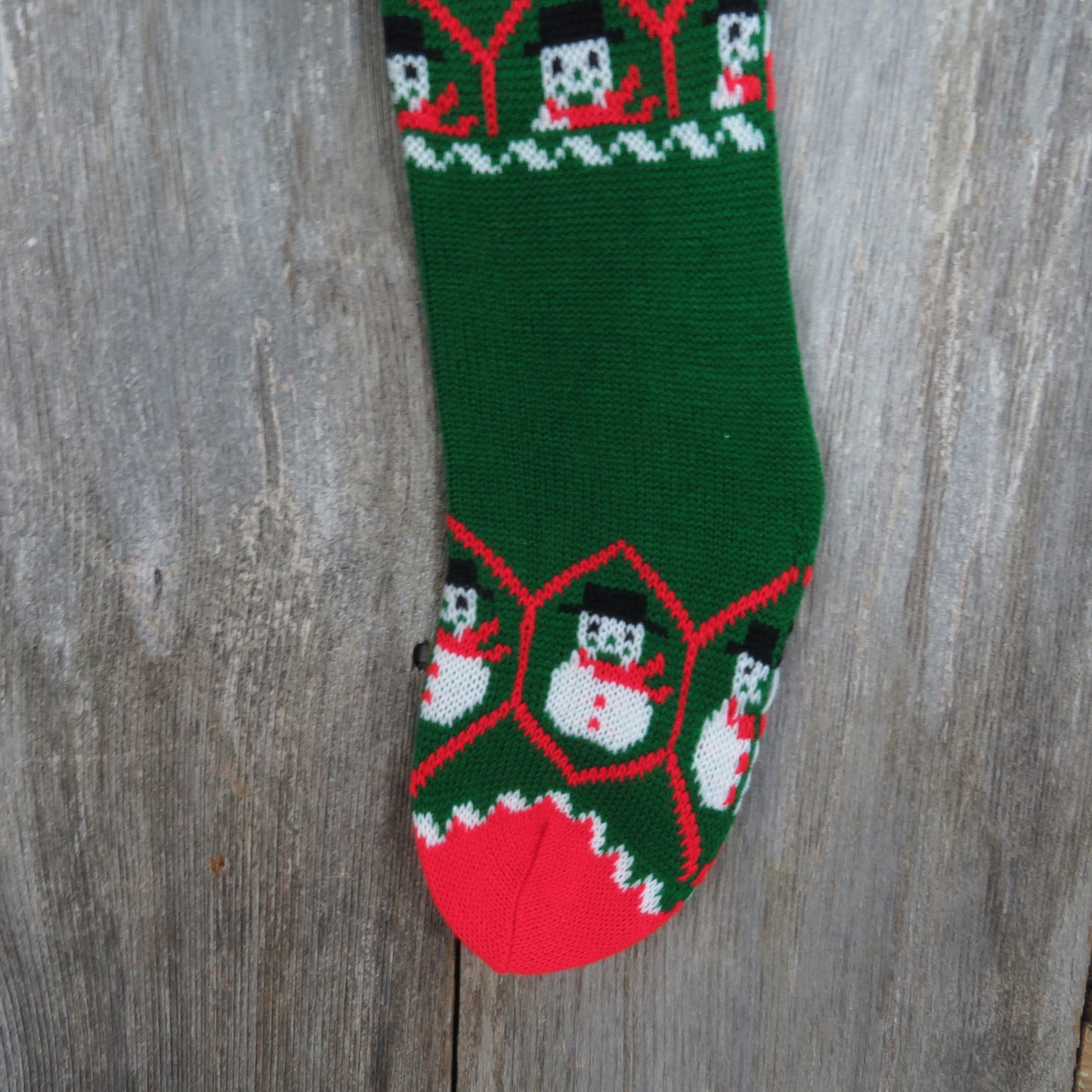 Vintage Knit Snowman Stocking Christmas Top Hat Scarf Green Red White Pom Pom