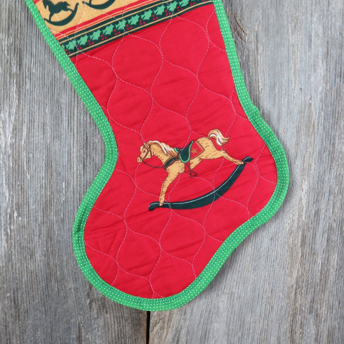 Vintage Rocking Horse Christmas Stocking Quilted Handmade Holly Fabric Red Green Cloth