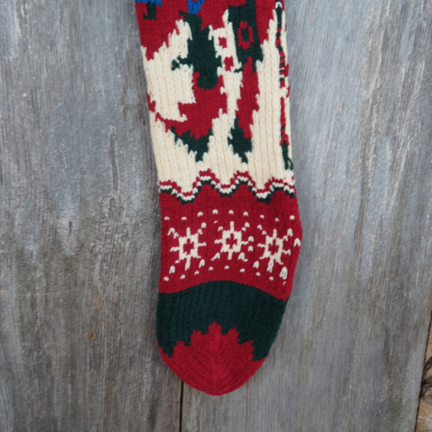 Vintage Snowman Knit Stocking Chenille Snowflakes Cream Blue Green Red Pom Pom 90s