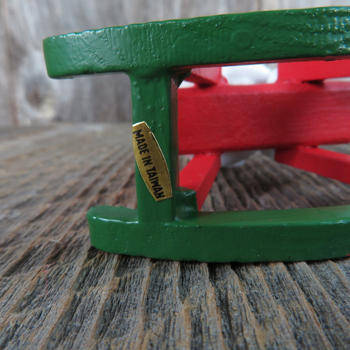 Vintage Sheep Riding Rocking Horse Wood Ornament White Lamb with Red Bow Christmas Figurine Village