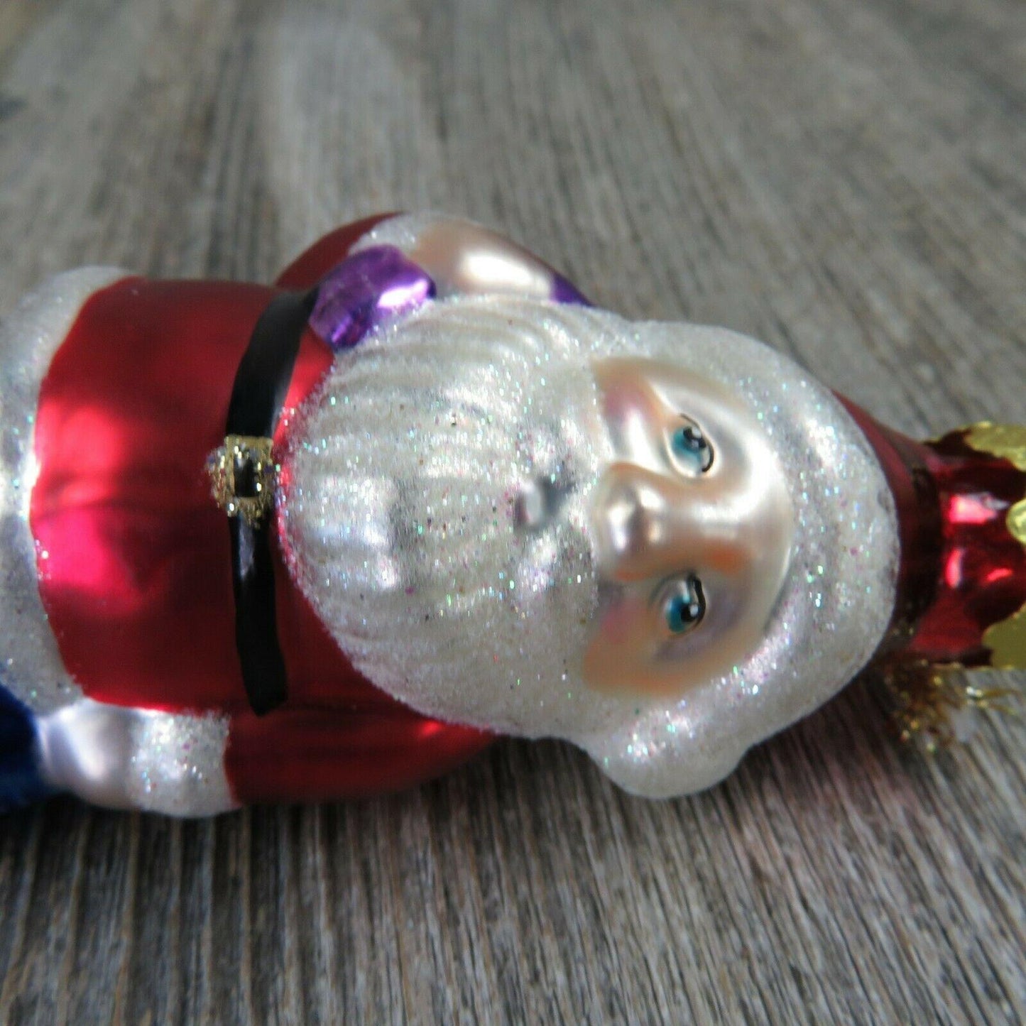 Glass Santa Claus Shaped Ornament Purple Toy Sack Painted Gold Cap Red Blue