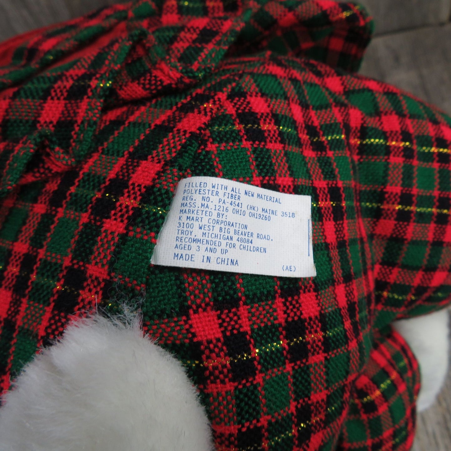 Vintage White Christmas Bear Plush Plaid Red and Green Dress Bonnet Kmart Stuffed Animal Velveteen 1993